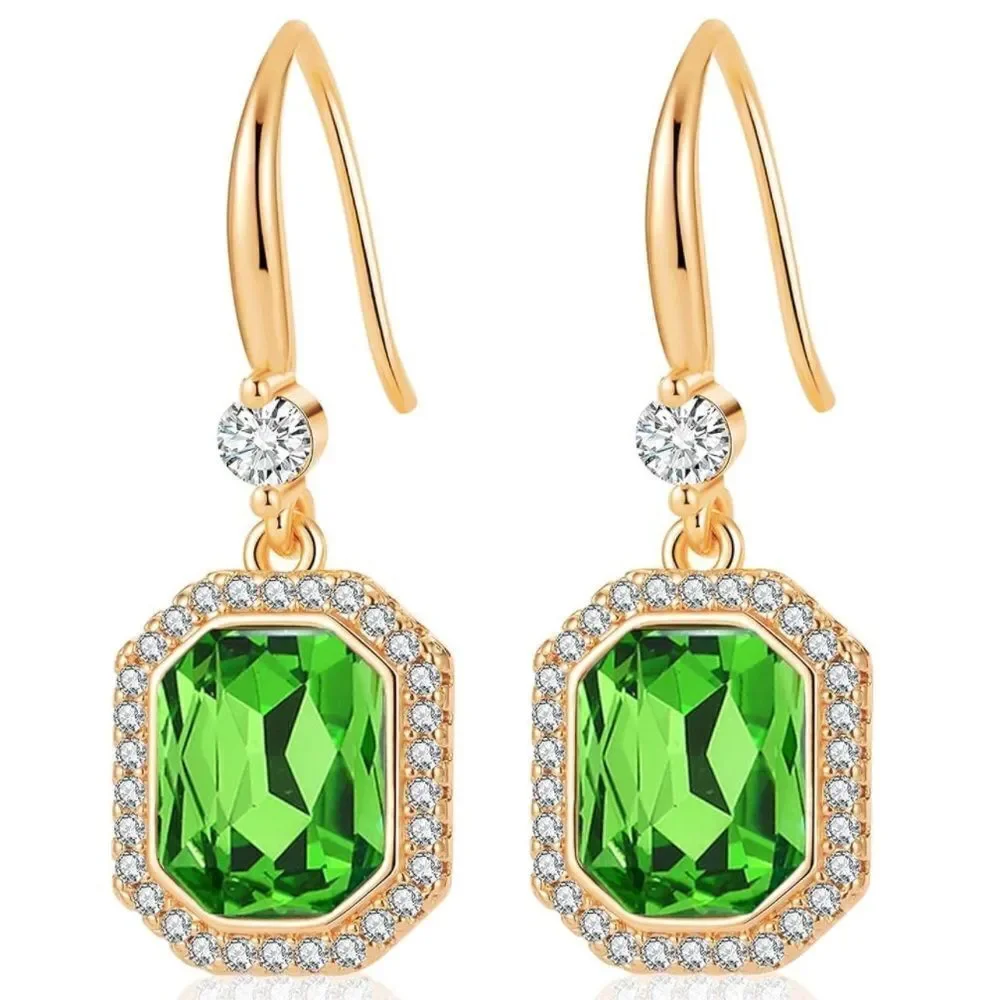 14K Yellow Gold with Fern Green Austrian Crystal Octagon Halo Hook Earrings
